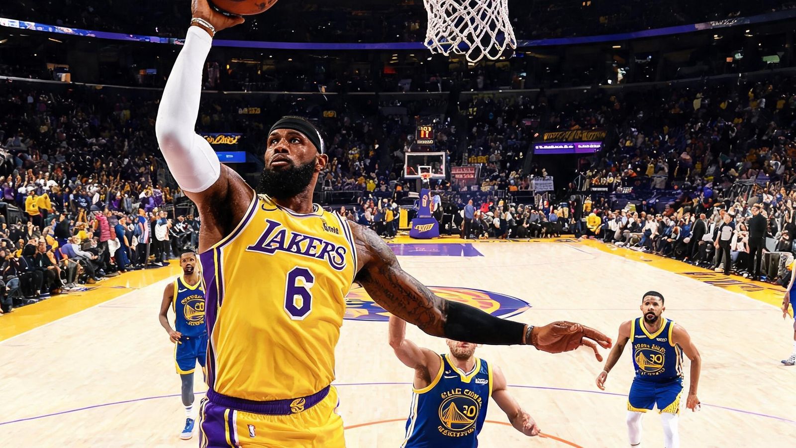 NBA季后赛湖人队与勇士队激烈对抗，勒布朗·詹姆斯准备三分出手