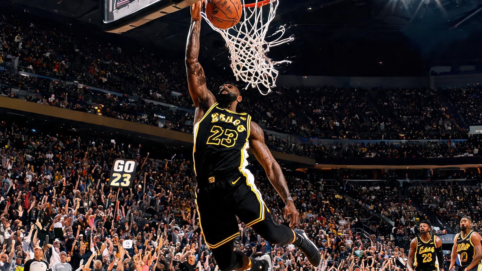 NBA比赛中球员单手暴扣，篮筐震动，观众起立欢呼